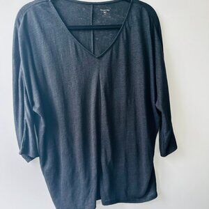 Garnet Hill 100% Organic Linen 3/4 Sleeve V-Neck Black Top Blouse Size Medium